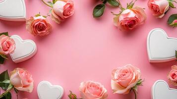 Heart-shaped boxes and pink roses laid out beautifully on a pink background, leaving a large area for text in the center photo