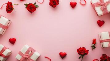 Heart-themed gift boxes and roses scattered around the edges of a pink background, leaving space for text in the center photo
