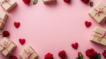 Heart-themed gift boxes and roses scattered around the edges of a pink background, leaving space for text in the center photo
