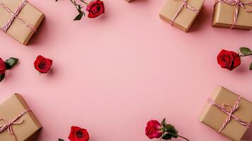 Heart-themed gift boxes and roses scattered around the edges of a pink background, leaving space for text in the center photo