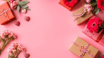 Minimalist flat lay of flowers and Valentine's gift boxes on a pink table, clean and simple with space for text photo