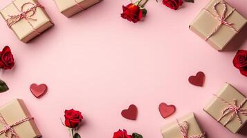 Heart-themed gift boxes and roses scattered around the edges of a pink background, leaving space for text in the center photo