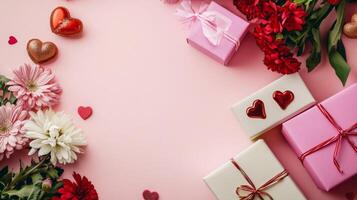 Minimalist flat lay of flowers and Valentine's gift boxes on a pink table, clean and simple with space for text photo