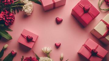 Minimalist flat lay of flowers and Valentine's gift boxes on a pink table, clean and simple with space for text photo