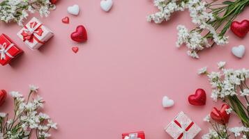 Minimalist flat lay of flowers and Valentine's gift boxes on a pink table, clean and simple with space for text photo