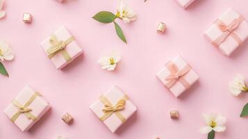 Top view of a pastel pink background with flowers and small gifts placed randomly, a clean and minimal flat lay design photo