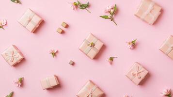 Top view of a pastel pink background with flowers and small gifts placed randomly, a clean and minimal flat lay design photo
