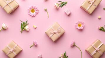 Top view of a pastel pink background with flowers and small gifts placed randomly, a clean and minimal flat lay design photo