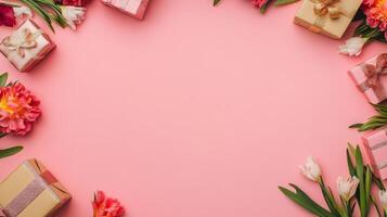 Top view of a pink table with elegant flowers and gift boxes placed on one side, blank space for text on the other photo