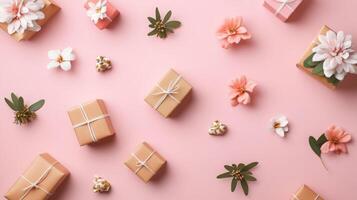 Top view of a pastel pink background with flowers and small gifts placed randomly, a clean and minimal flat lay design photo