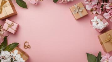 Top view of a pink table with elegant flowers and gift boxes placed on one side, blank space for text on the other photo