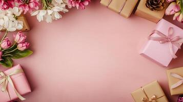 Top view of a pink table with elegant flowers and gift boxes placed on one side, blank space for text on the other photo
