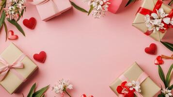 Top view of a romantic Valentine's flat lay with elegant gifts and delicate flowers, centered on a pink background with room for copy space photo