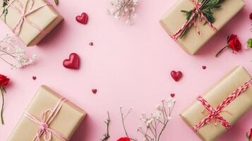 Top view of a romantic Valentine's flat lay with elegant gifts and delicate flowers, centered on a pink background with room for copy space photo