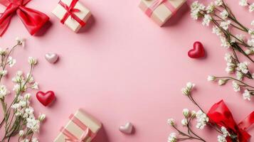 Top view of a romantic Valentine's flat lay with elegant gifts and delicate flowers, centered on a pink background with room for copy space photo