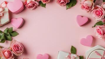 Top view of delicate pink roses and heart-shaped gift boxes placed around a pink table, with copy space in the middle photo