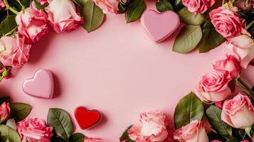 Top view of delicate pink roses and heart-shaped gift boxes placed around a pink table, with copy space in the middle photo
