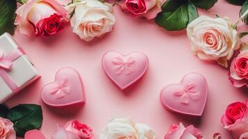 Top view of delicate pink roses and heart-shaped gift boxes placed around a pink table, with copy space in the middle photo
