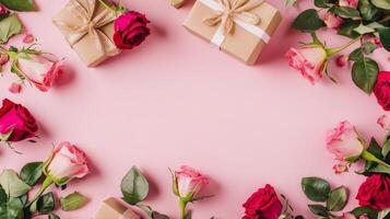 Top view of roses and gift boxes arranged on the corners of a pink table, creating a lovely frame around a central copy space photo