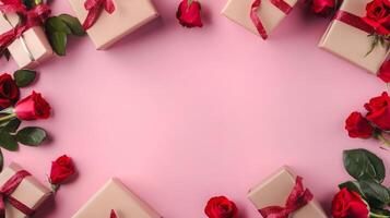 Top view of roses and gift boxes arranged on the corners of a pink table, creating a lovely frame around a central copy space photo