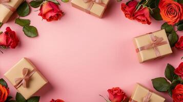 Top view of roses and gift boxes arranged on the corners of a pink table, creating a lovely frame around a central copy space photo