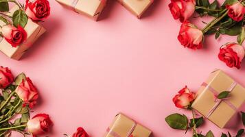 Top view of roses and gift boxes arranged on the corners of a pink table, creating a lovely frame around a central copy space photo