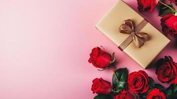 Valentine's Day flat lay with roses and a beautifully wrapped gift box in one corner of the pink background photo