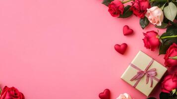 Valentine's Day flat lay with roses and a beautifully wrapped gift box in one corner of the pink background photo