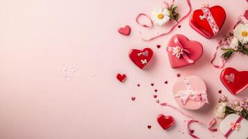 Valentine's Day scene with heart-shaped gift boxes, flowers, and ribbons scattered on a soft pink background photo