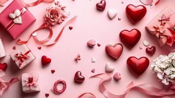 Valentine's Day scene with heart-shaped gift boxes, flowers, and ribbons scattered on a soft pink background photo