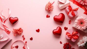 Valentine's Day scene with heart-shaped gift boxes, flowers, and ribbons scattered on a soft pink background photo