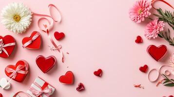 Valentine's Day scene with heart-shaped gift boxes, flowers, and ribbons scattered on a soft pink background photo