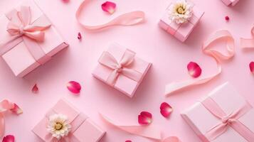 A pink flat lay with small gift boxes, flower petals, and ribbon elegantly placed, leaving room for copy space photo