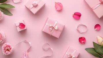 A pink flat lay with small gift boxes, flower petals, and ribbon elegantly placed, leaving room for copy space photo