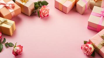 A pink table with neatly arranged gift boxes and roses in the corners, leaving ample copy space in the center photo