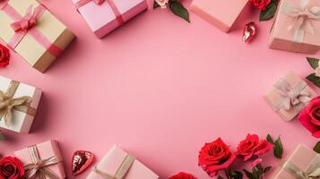 A pink table with neatly arranged gift boxes and roses in the corners, leaving ample copy space in the center photo