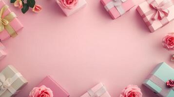 A pink table with neatly arranged gift boxes and roses in the corners, leaving ample copy space in the center photo