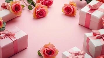 A pink table with neatly arranged gift boxes and roses in the corners, leaving ample copy space in the center photo