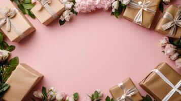 A romantic flat lay with flowers and beautifully wrapped gifts arranged along the edges of a pink table, copy space in the center photo