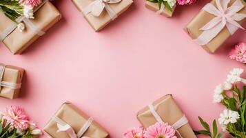 A romantic flat lay with flowers and beautifully wrapped gifts arranged along the edges of a pink table, copy space in the center photo