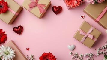 A Valentine's Day theme with gift boxes and flowers arranged on a pink table in an elegant flat lay, ample space for text photo