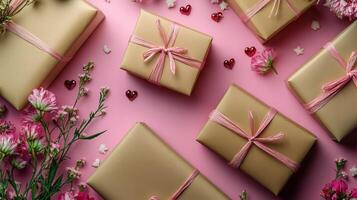 A Valentine's Day theme with gift boxes and flowers arranged on a pink table in an elegant flat lay, ample space for text photo