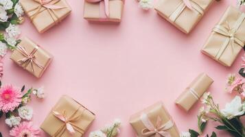 A romantic flat lay with flowers and beautifully wrapped gifts arranged along the edges of a pink table, copy space in the center photo