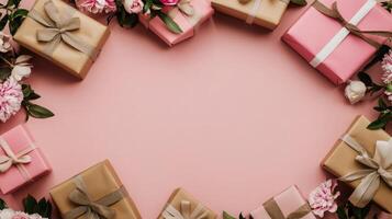 A romantic flat lay with flowers and beautifully wrapped gifts arranged along the edges of a pink table, copy space in the center photo