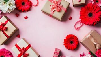 A Valentine's Day theme with gift boxes and flowers arranged on a pink table in an elegant flat lay, ample space for text photo