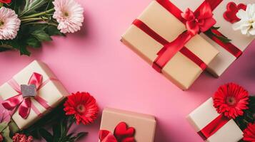 A Valentine's Day theme with gift boxes and flowers arranged on a pink table in an elegant flat lay, ample space for text photo