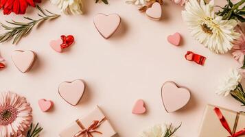 A Valentine's flat lay with flowers and small heart-shaped gift boxes in soft tones, leaving room for copy space in the middle photo