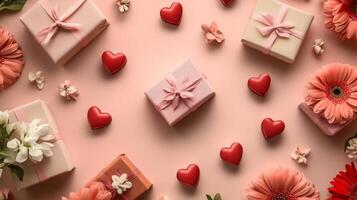 A Valentine's flat lay with flowers and small heart-shaped gift boxes in soft tones, leaving room for copy space in the middle photo