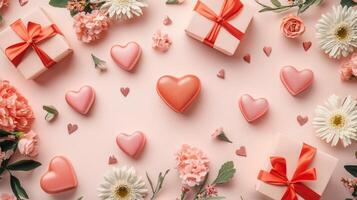 A Valentine's flat lay with flowers and small heart-shaped gift boxes in soft tones, leaving room for copy space in the middle photo