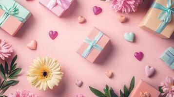 Flat lay of pastel colored flowers and Valentine's gift boxes on a pink table, minimalist design with copy space photo